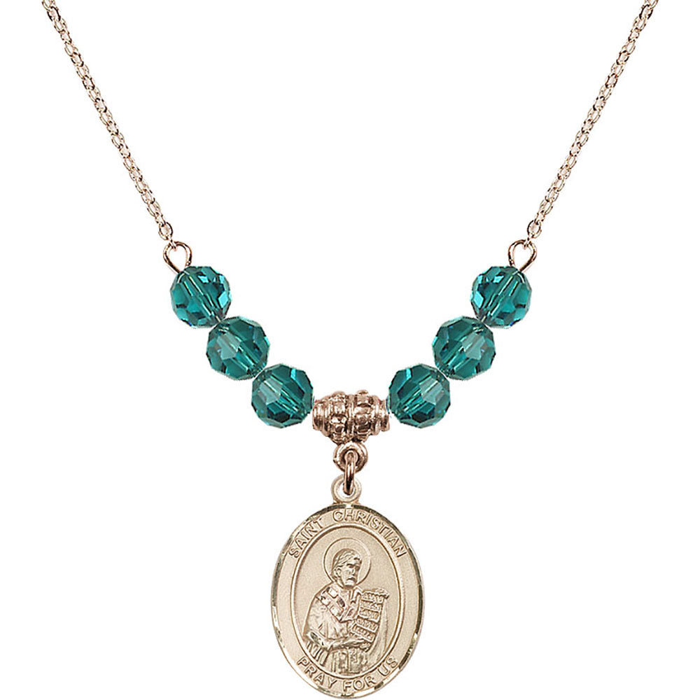 14kt Gold Filled Saint Christian Demosthenes Birthstone Necklace with Zircon Beads - 8257
