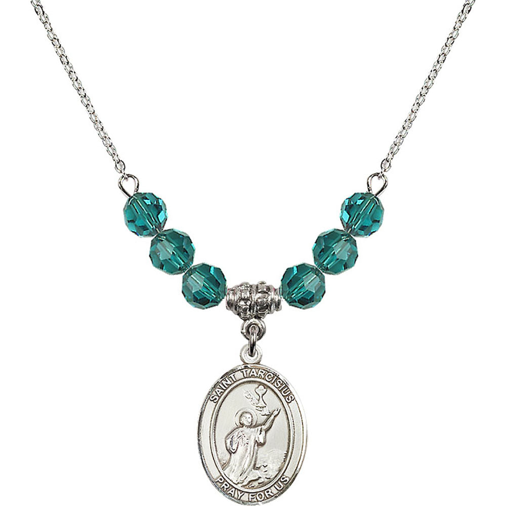 Sterling Silver Saint Tarcisius Birthstone Necklace with Zircon Beads - 8261