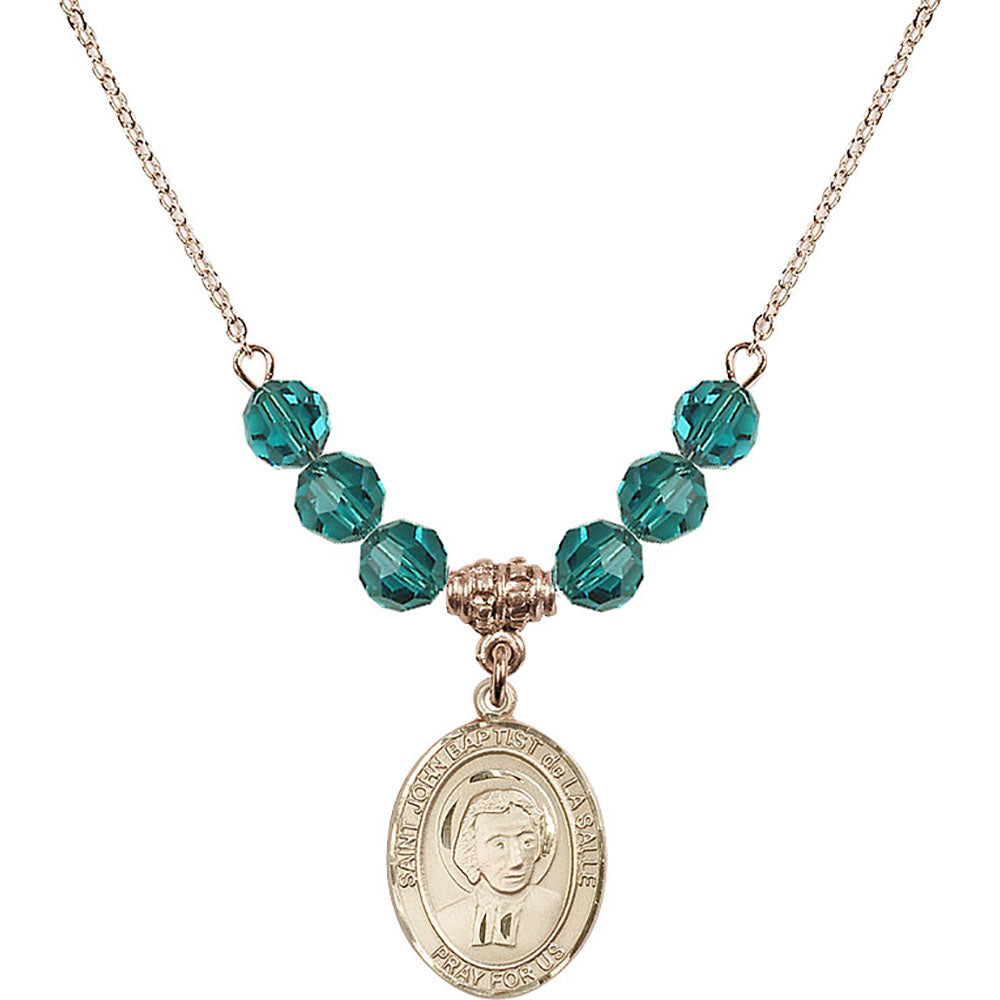 14kt Gold Filled Saint John Baptist de la Salle Birthstone Necklace with Zircon Beads - 8262