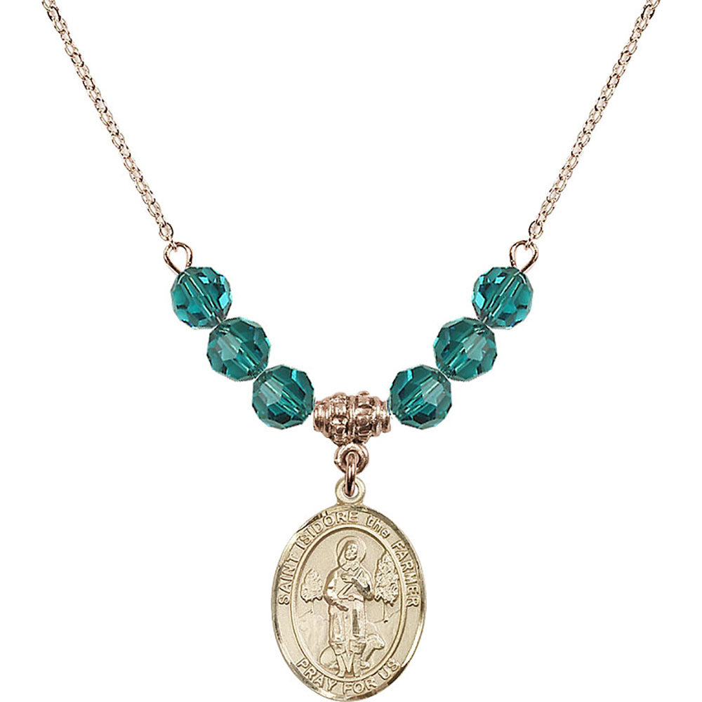 14kt Gold Filled Saint Isidore the Farmer Birthstone Necklace with Zircon Beads - 8276