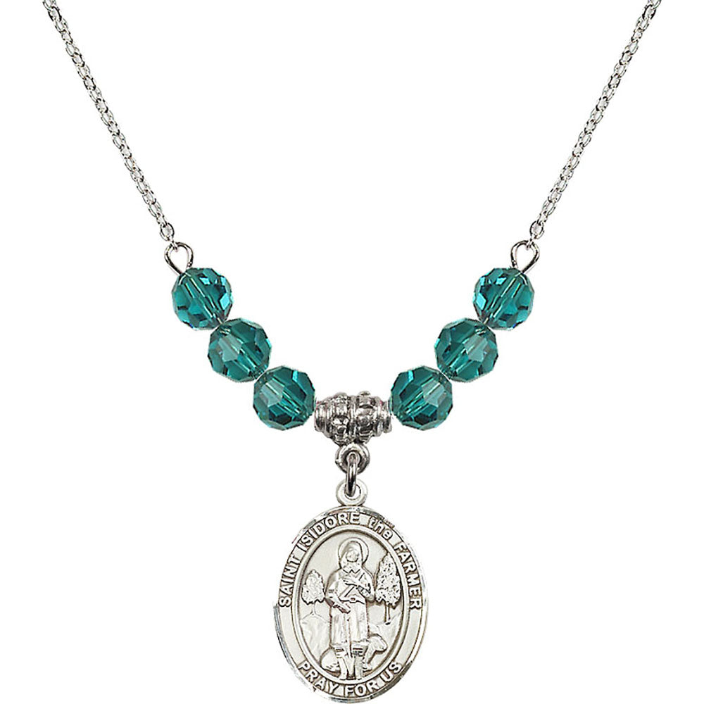 Sterling Silver Saint Isidore the Farmer Birthstone Necklace with Zircon Beads - 8276