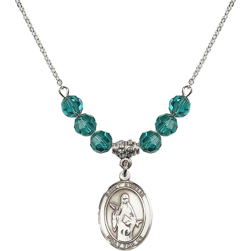 Sterling Silver Saint Amelia Birthstone Necklace with Zircon Beads - 8313