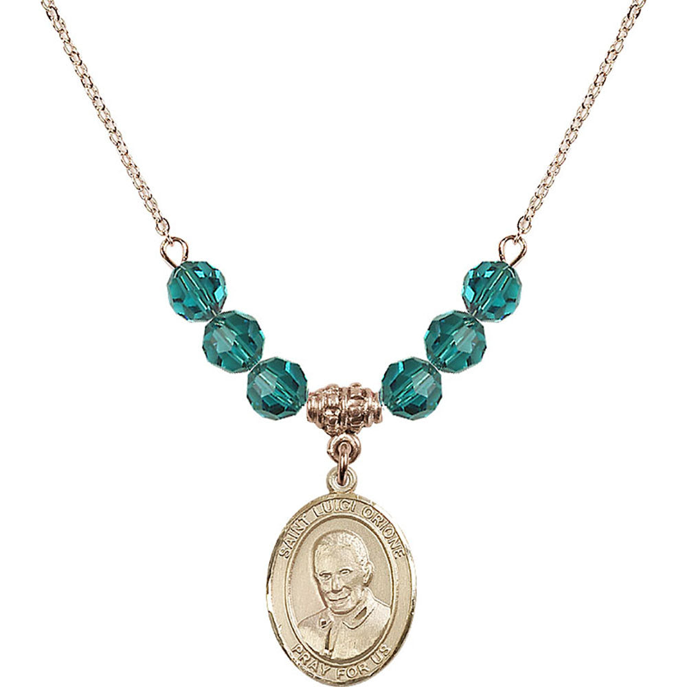 14kt Gold Filled Saint Luigi Orione Birthstone Necklace with Zircon Beads - 8326