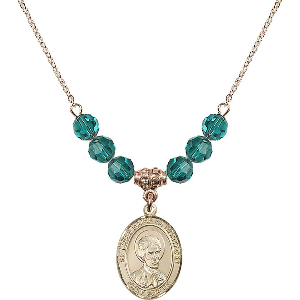 14kt Gold Filled Saint Louis Marie de Montfort Birthstone Necklace with Zircon Beads - 8330