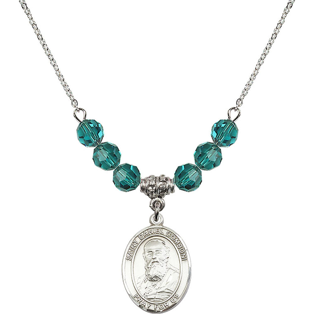 Sterling Silver Saint Daniel Comboni Birthstone Necklace with Zircon Beads - 8400