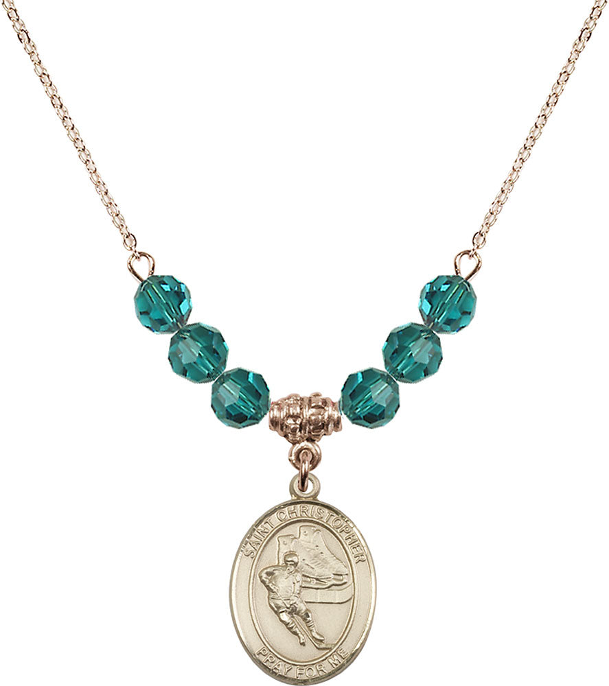14kt Gold Filled Saint Christopher/Hockey Birthstone Necklace with Zircon Beads - 8504