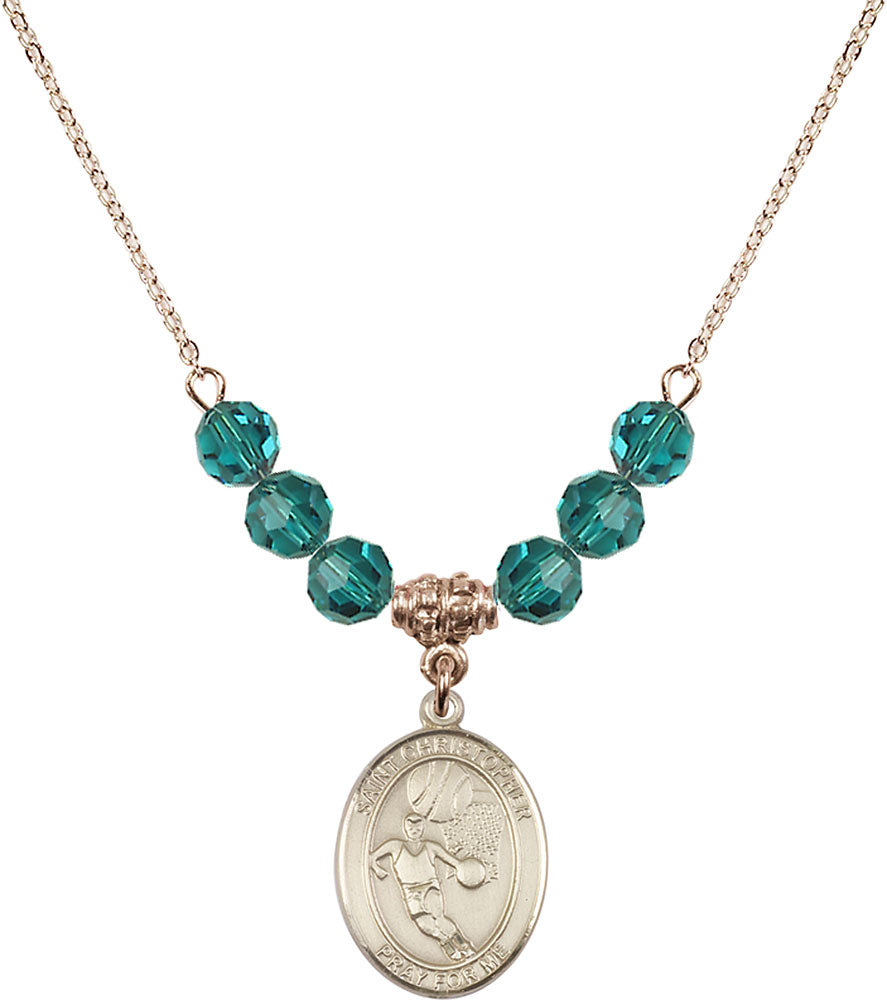 14kt Gold Filled Saint Sebastian/Basketball Birthstone Necklace with Zircon Beads - 8602