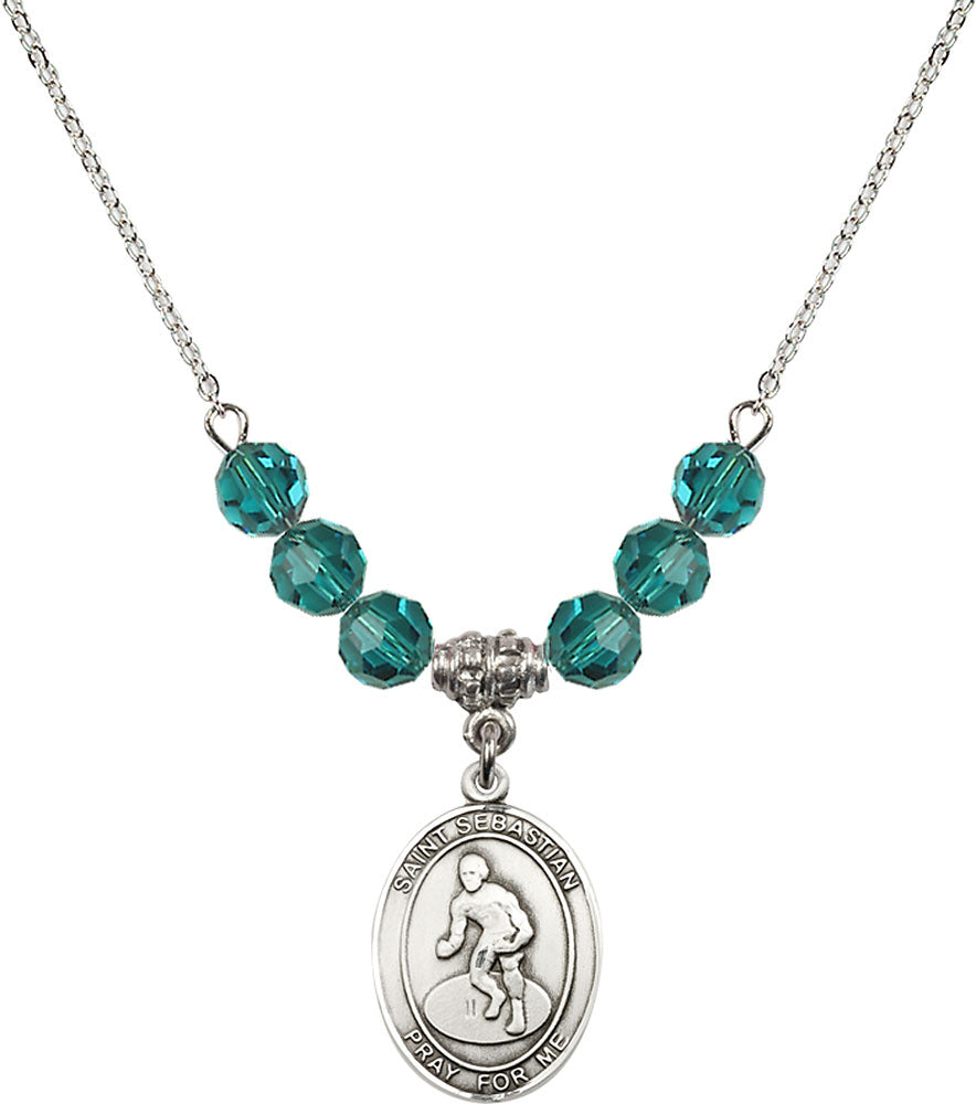 Sterling Silver Saint Sebastian/Wrestling Birthstone Necklace with Zircon Beads - 8608