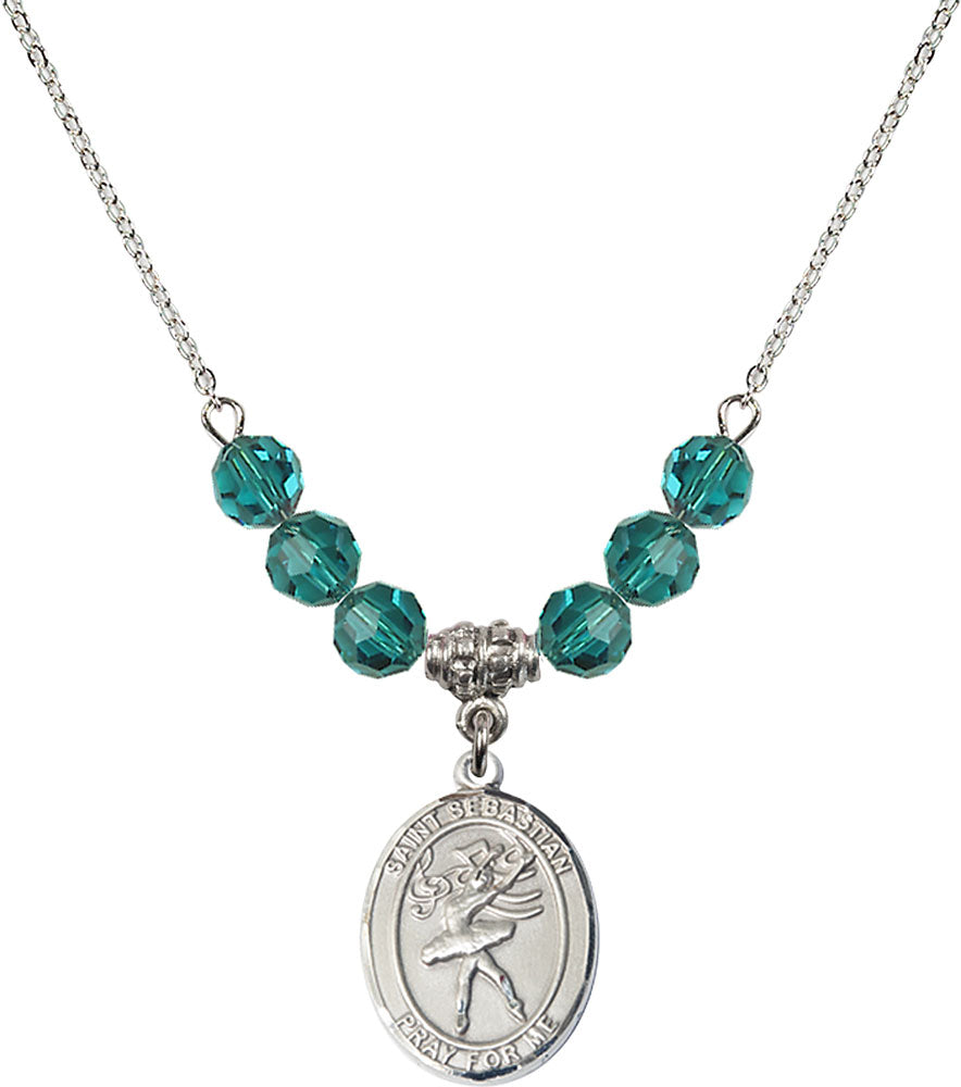 Sterling Silver Saint Sebastian / Dance Birthstone Necklace with Zircon Beads - 8612