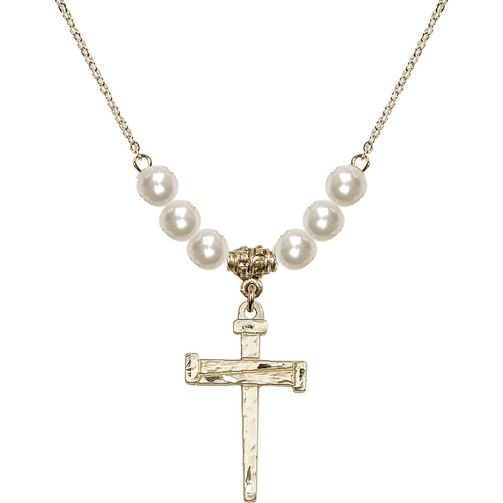 14kt Gold Filled Nail Cross Birthstone Necklace with Faux-Pearl Beads - 0013
