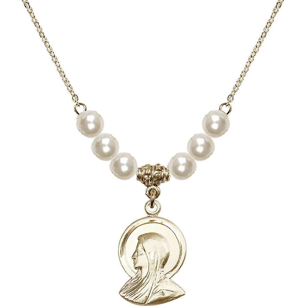 14kt Gold Filled Madonna Birthstone Necklace with Faux-Pearl Beads - 0020