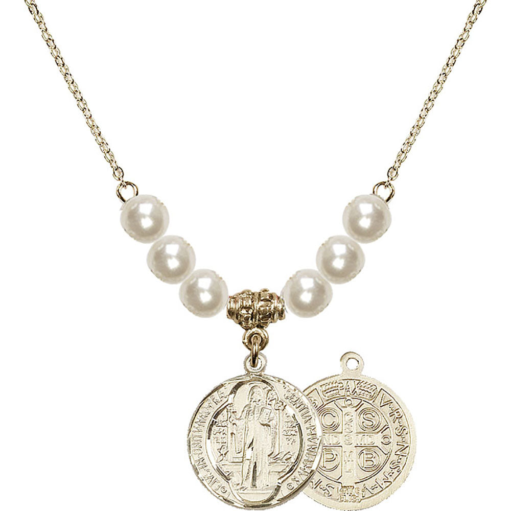 14kt Gold Filled Saint Benedict Birthstone Necklace with Faux-Pearl Beads - 0026