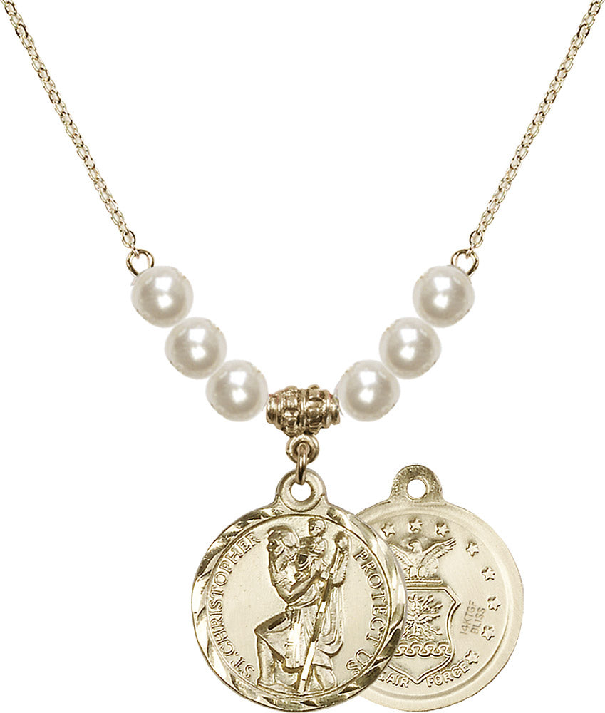 14kt Gold Filled Saint Christopher / Air Force Birthstone Necklace with Faux-Pearl Beads - 0192
