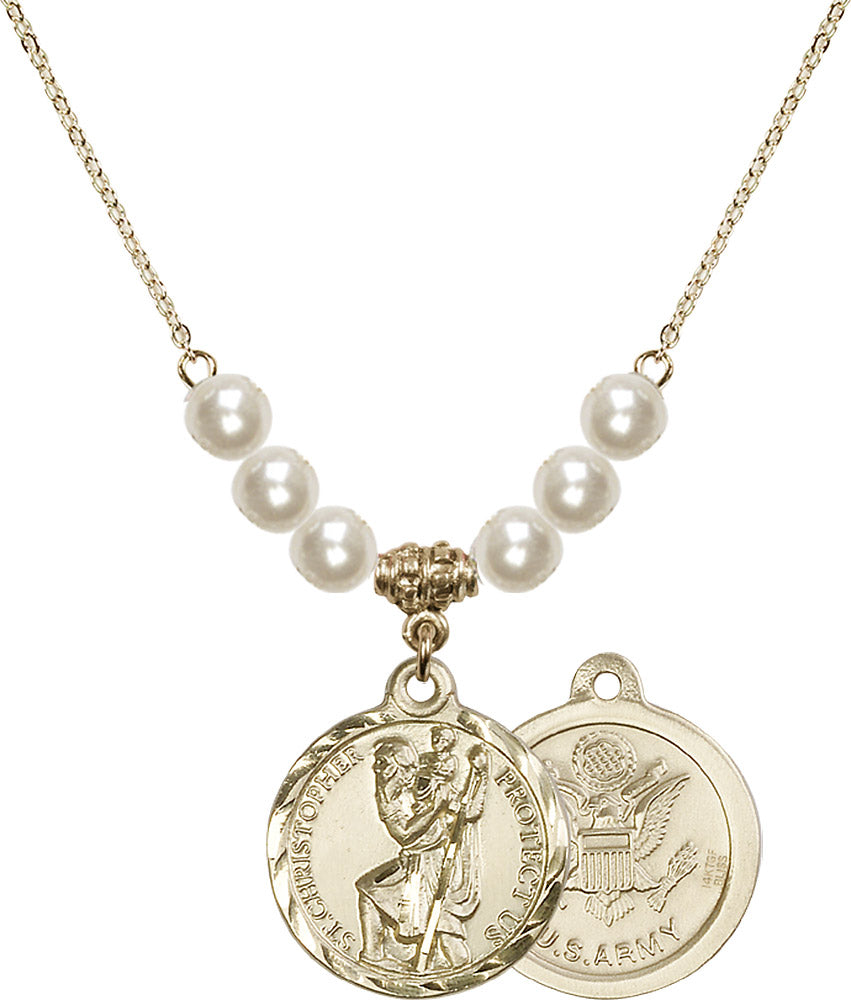 14kt Gold Filled Saint Christopher / Army Birthstone Necklace with Faux-Pearl Beads - 0192