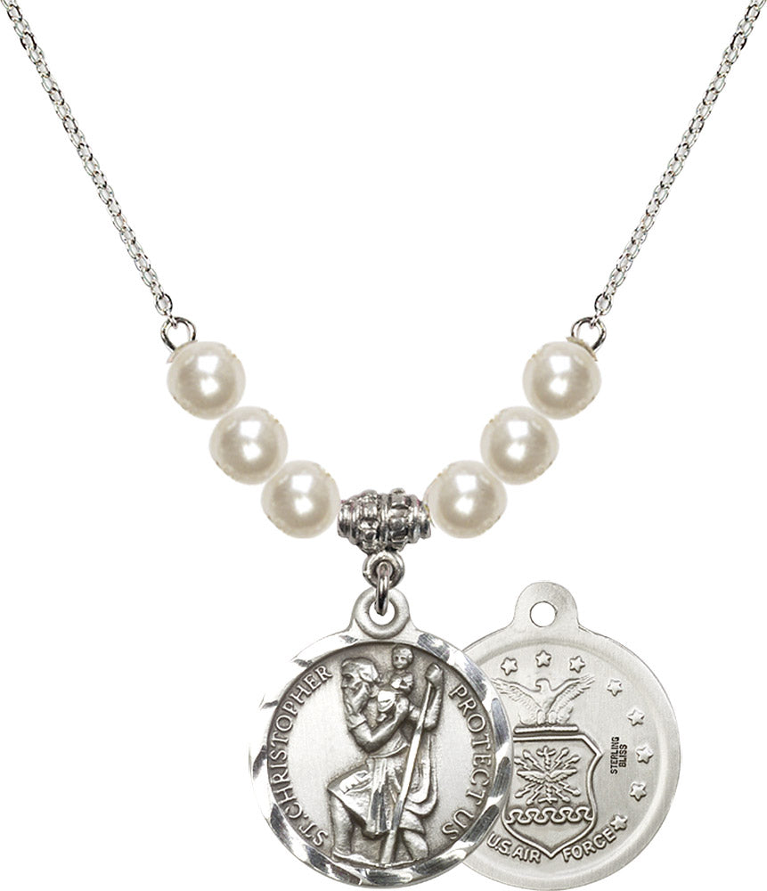 Sterling Silver Saint Christopher / Air Force Birthstone Necklace with Faux-Pearl Beads - 0192