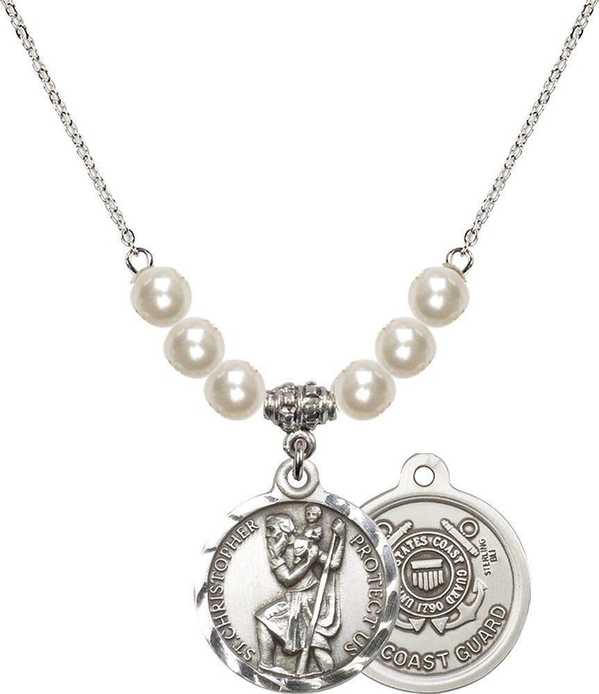 Sterling Silver Saint Christopher / Coast Guard Birthstone Necklace with Faux-Pearl Beads - 0192