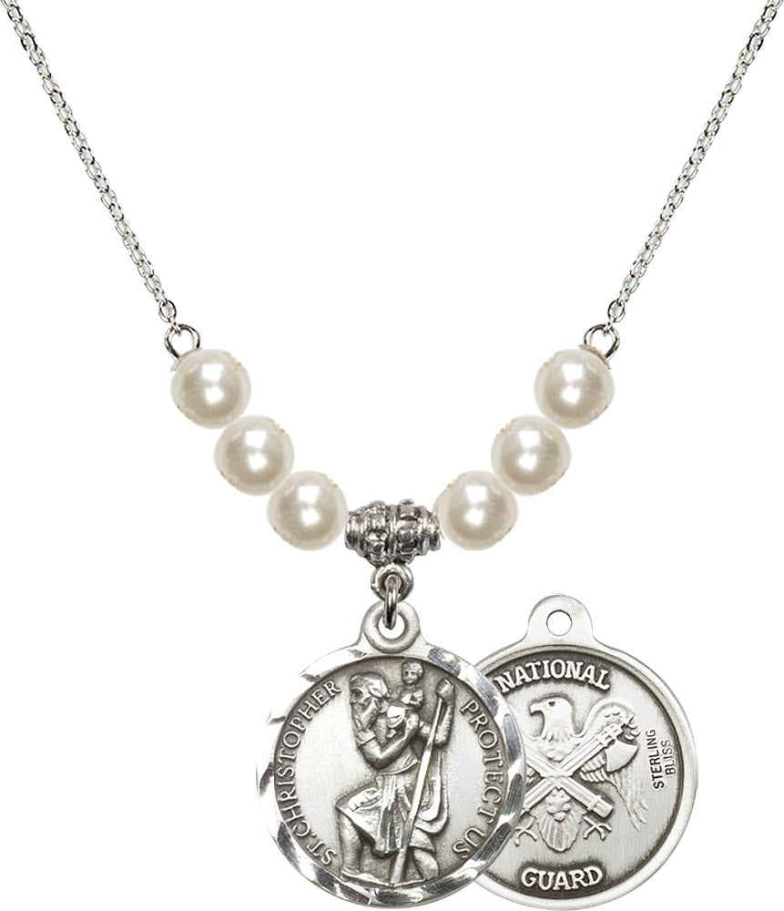 Sterling Silver Saint Christopher / Nat'l Guard Birthstone Necklace with Faux-Pearl Beads - 0192