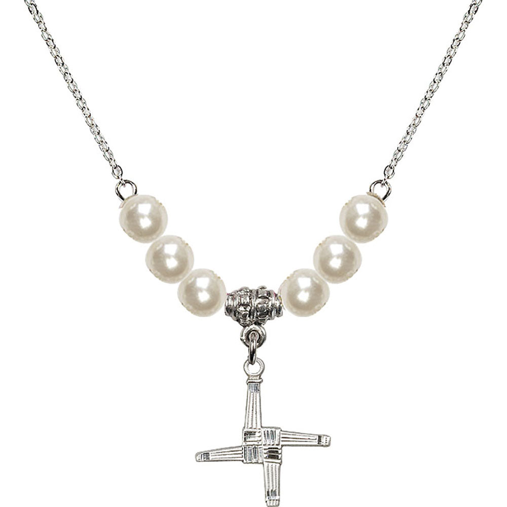 Sterling Silver Saint Brigid Cross Birthstone Necklace with Faux-Pearl Beads - 0290