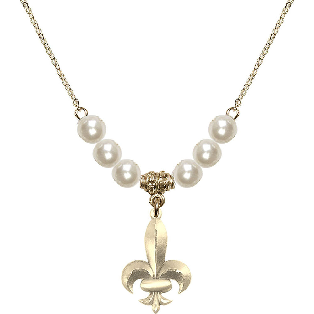 14kt Gold Filled Fleur de Lis Birthstone Necklace with Faux-Pearl Beads - 0294
