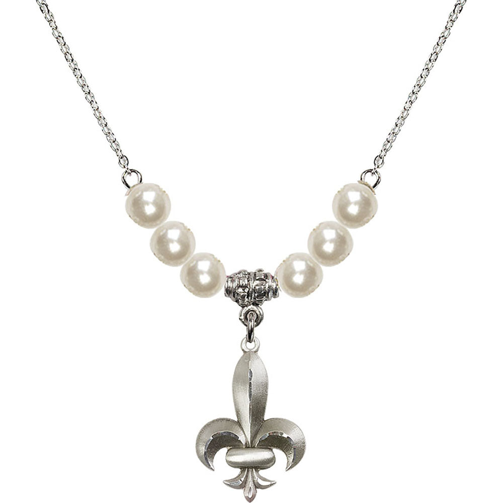 Sterling Silver Fleur de Lis Birthstone Necklace with Faux-Pearl Beads - 0294