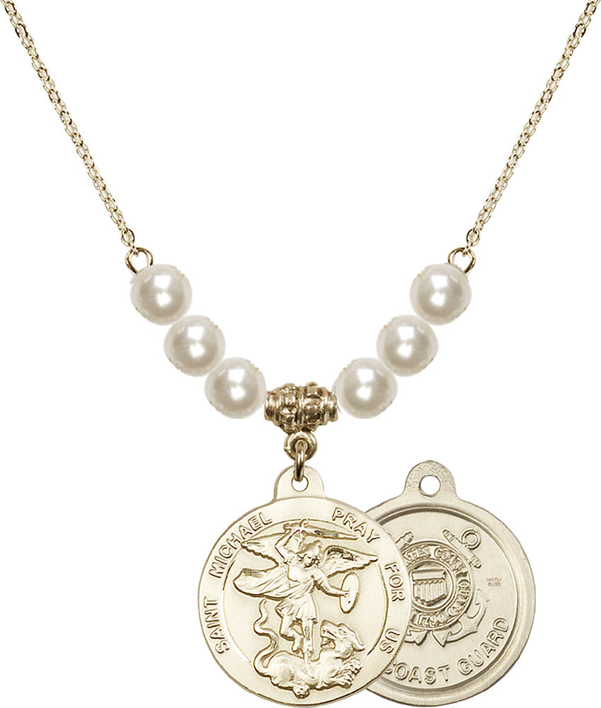 14kt Gold Filled Saint Michael / Coast Guard Birthstone Necklace with Faux-Pearl Beads - 0342