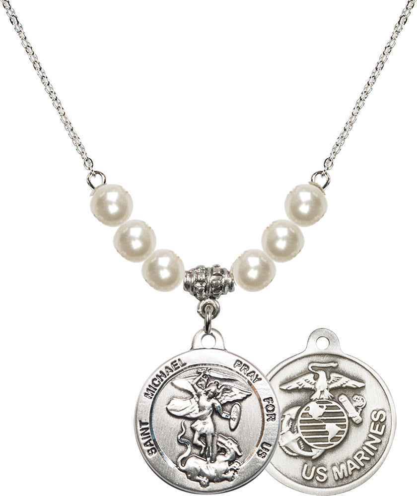 Sterling Silver Saint Michael / Marines Birthstone Necklace with Faux-Pearl Beads - 0342