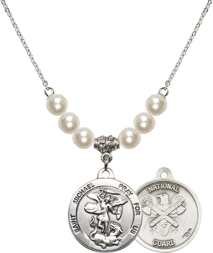 Sterling Silver Saint Michael / Nat'l Guard Birthstone Necklace with Faux-Pearl Beads - 0342