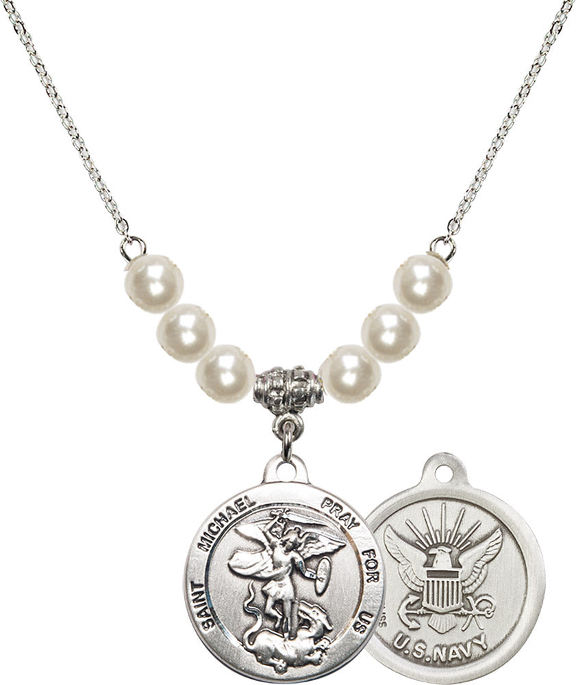 Sterling Silver Saint Michael / Navy Birthstone Necklace with Faux-Pearl Beads - 0342
