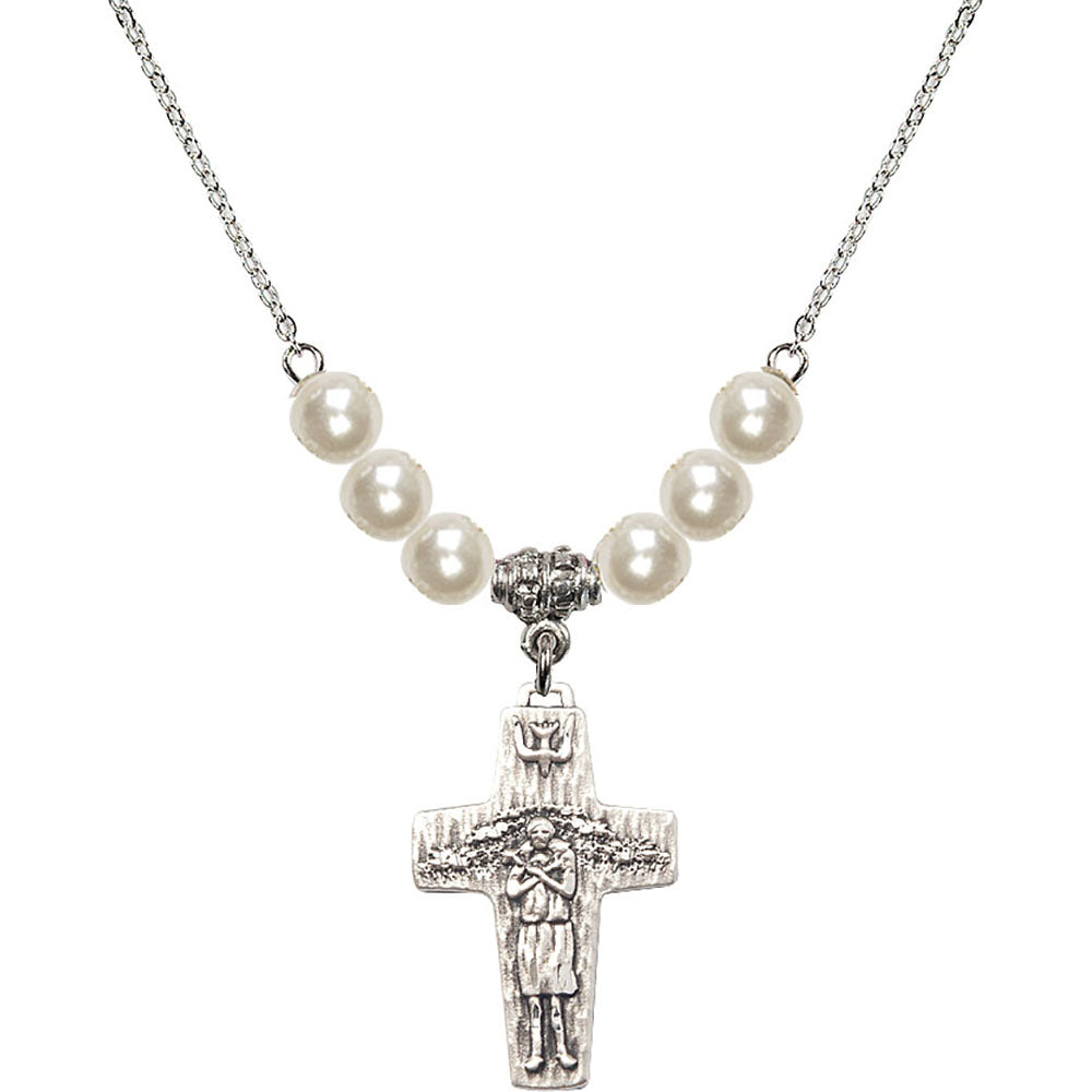 Sterling Silver Papal Crucifix Birthstone Necklace with Faux-Pearl Beads - 0569