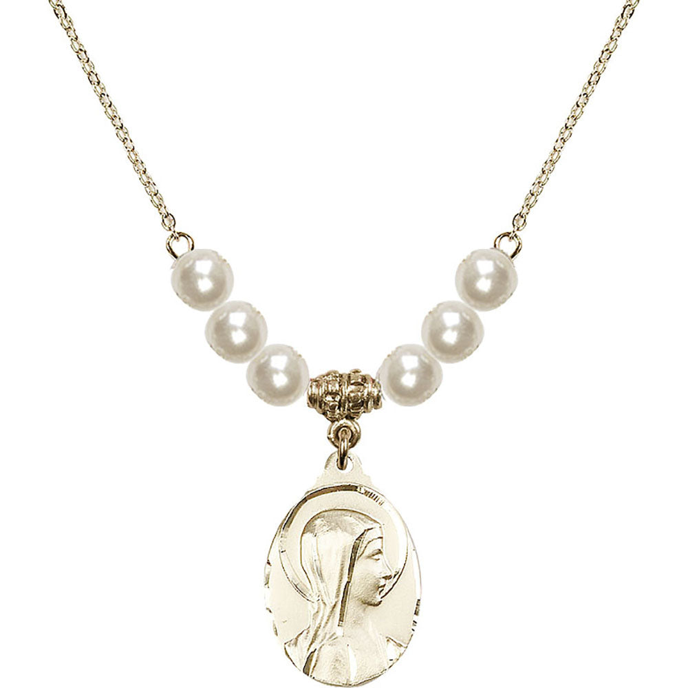 14kt Gold Filled Sorrowful Mother Birthstone Necklace with Faux-Pearl Beads - 0599