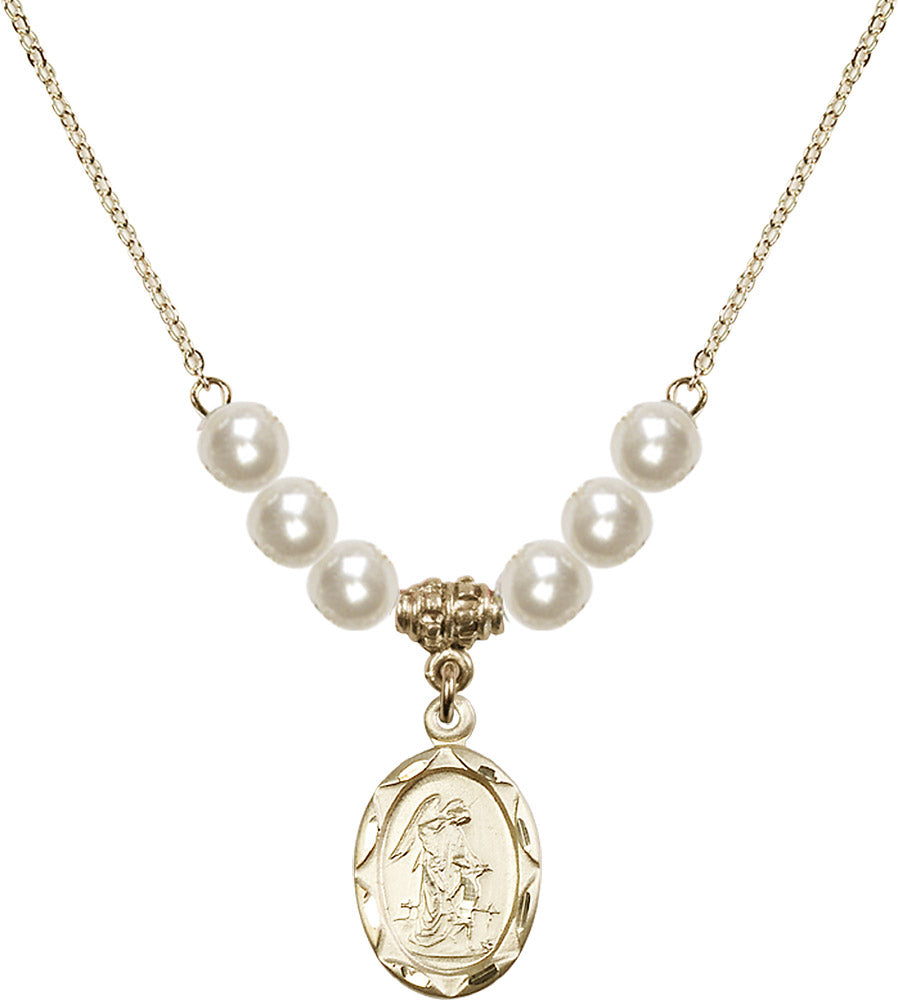 14kt Gold Filled Guardian Angel Birthstone Necklace with Faux-Pearl Beads - 0612