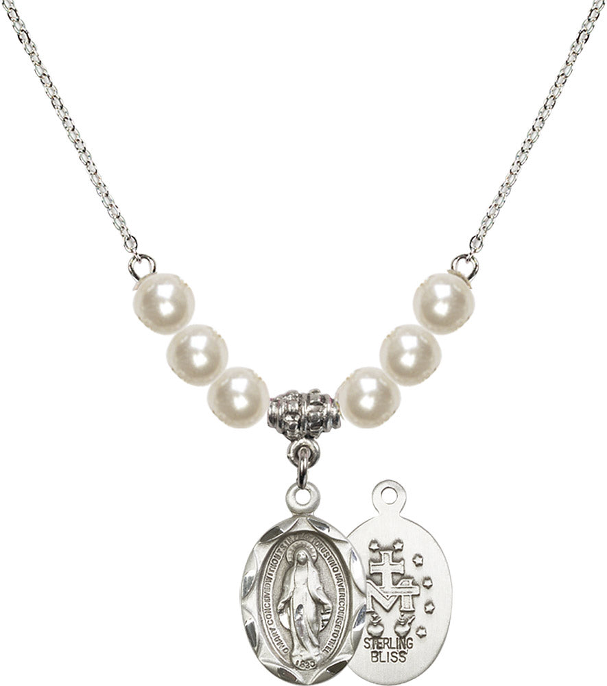 Sterling Silver Miraculous Birthstone Necklace with Faux-Pearl Beads - 0612