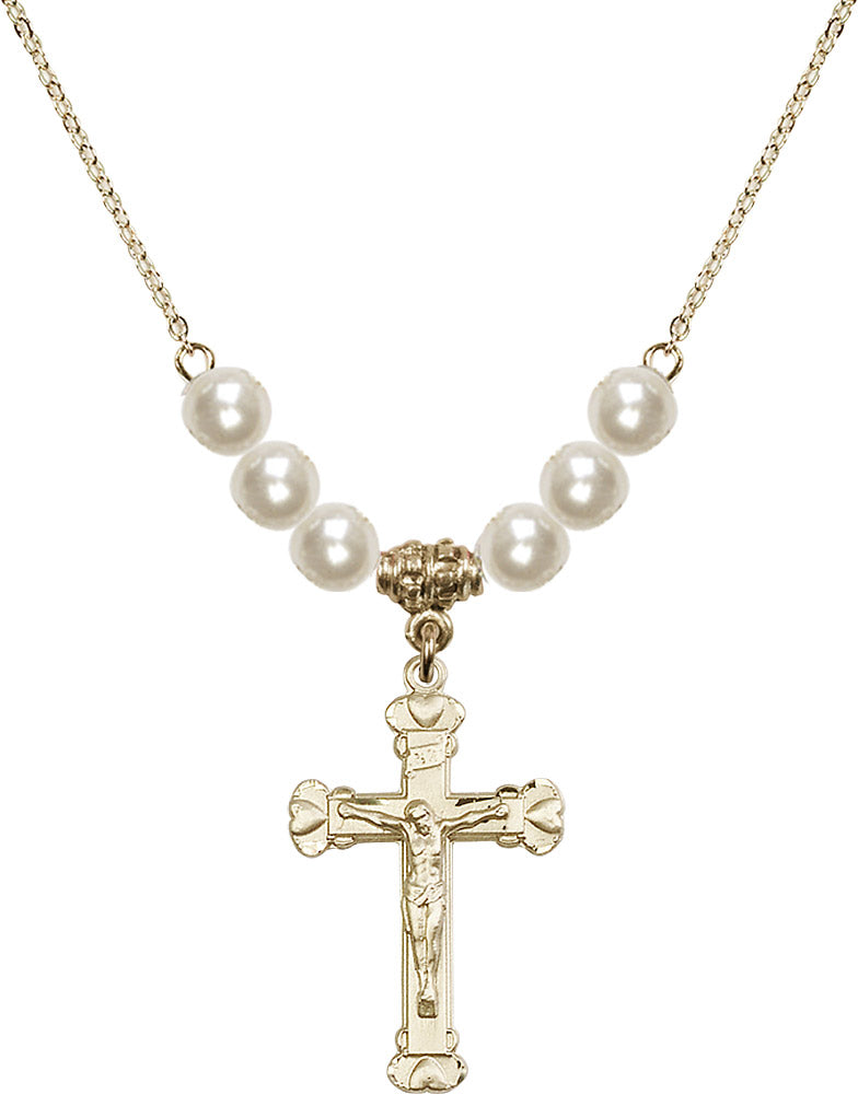 14kt Gold Filled Crucifix Birthstone Necklace with Faux-Pearl Beads - 0620