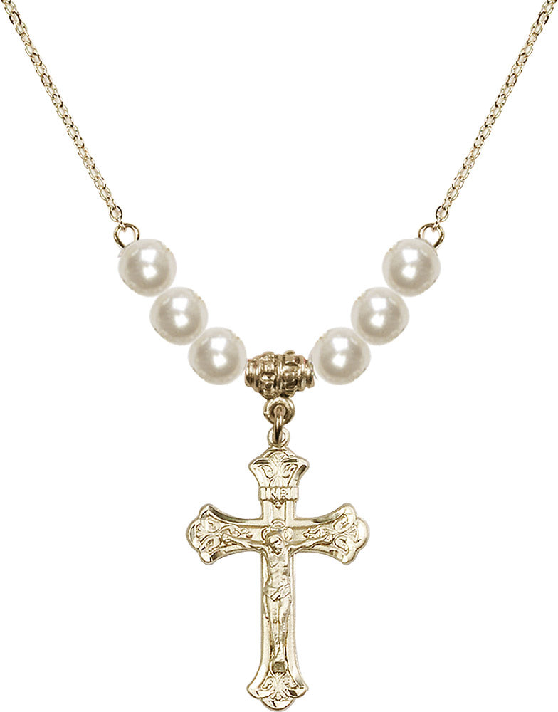 14kt Gold Filled Crucifix Birthstone Necklace with Faux-Pearl Beads - 0622
