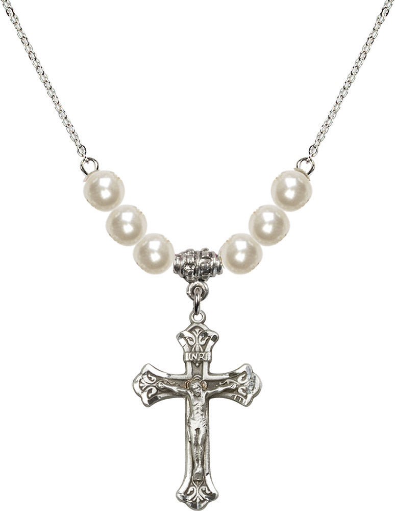 Sterling Silver Crucifix Birthstone Necklace with Faux-Pearl Beads - 0622