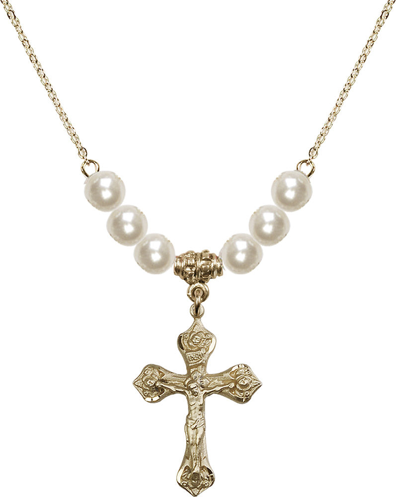 14kt Gold Filled Crucifix Birthstone Necklace with Faux-Pearl Beads - 0662