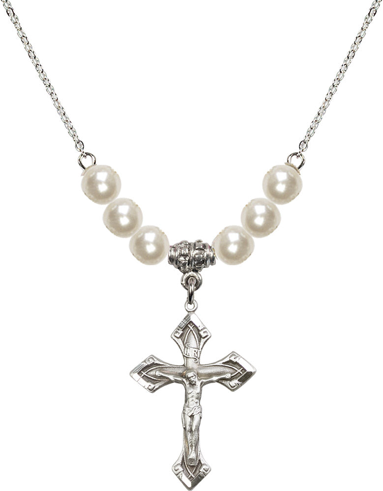 Sterling Silver Crucifix Birthstone Necklace with Faux-Pearl Beads - 0663