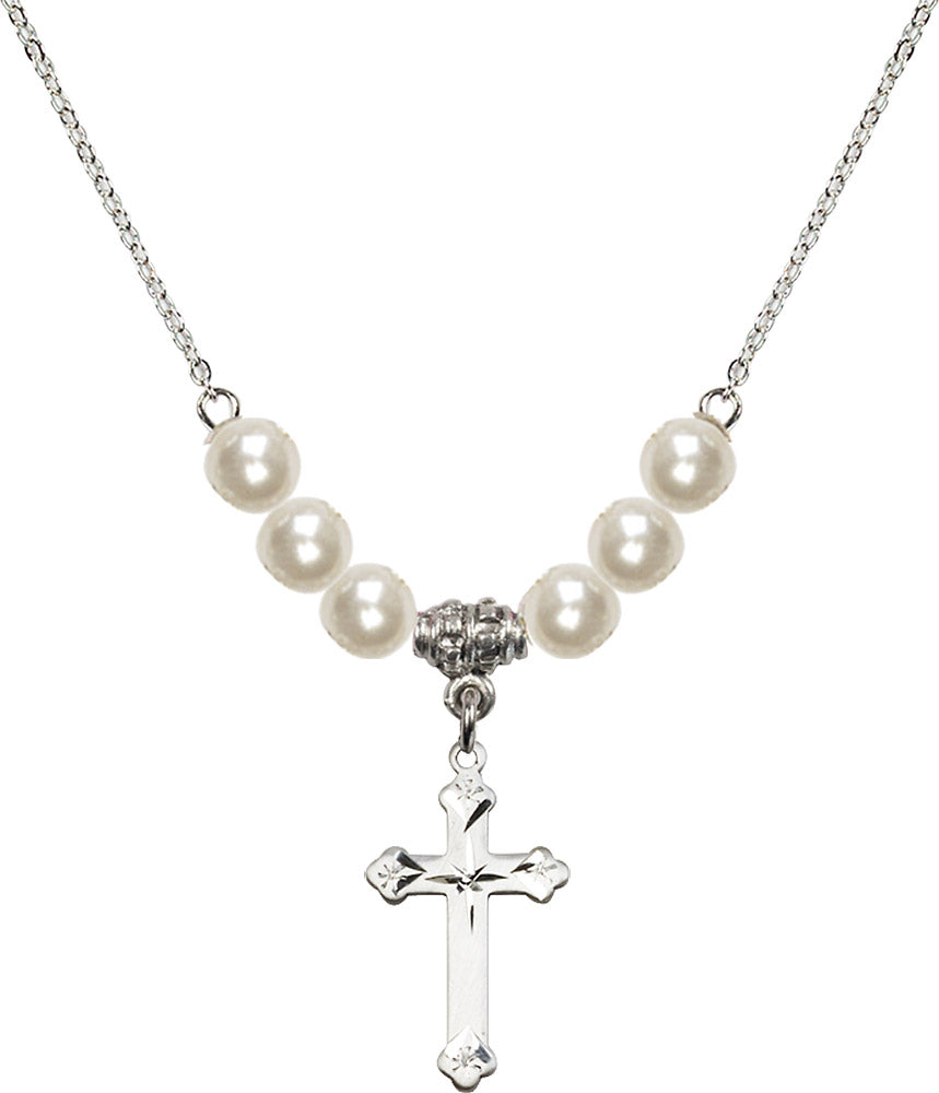 Sterling Silver Cross Birthstone Necklace with Faux-Pearl Beads - 0667