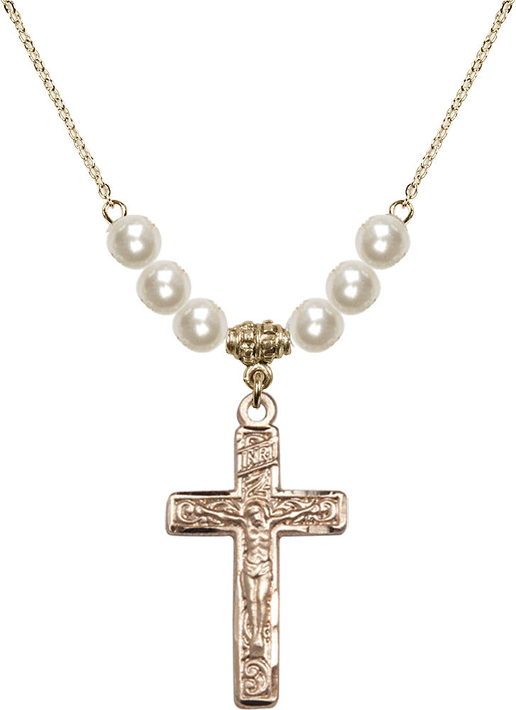 14kt Gold Filled Crucifix Birthstone Necklace with Faux-Pearl Beads - 0674