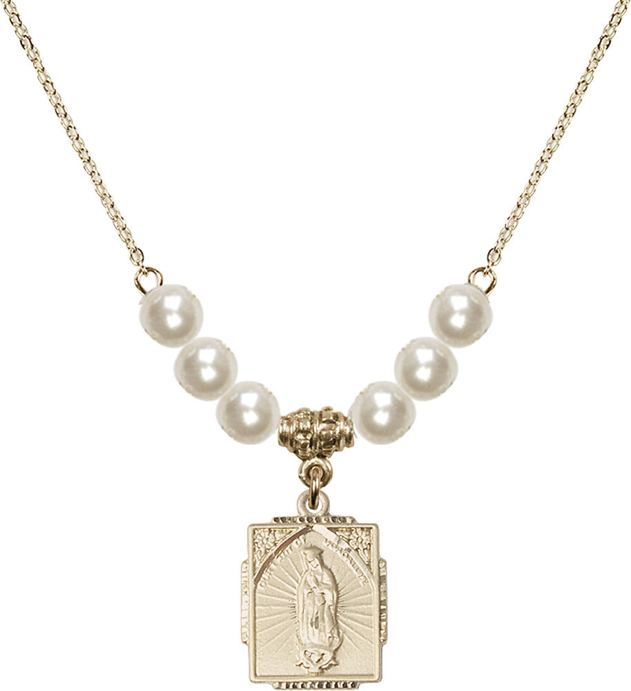 14kt Gold Filled Our Lady of Guadalupe Birthstone Necklace with Faux-Pearl Beads - 0804