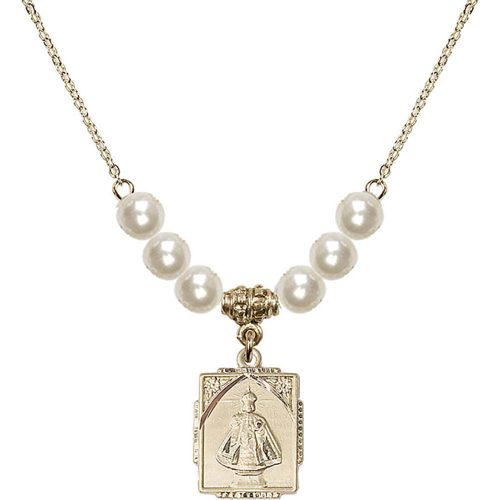 14kt Gold Filled Infant of Prague Birthstone Necklace with Faux-Pearl Beads - 0804