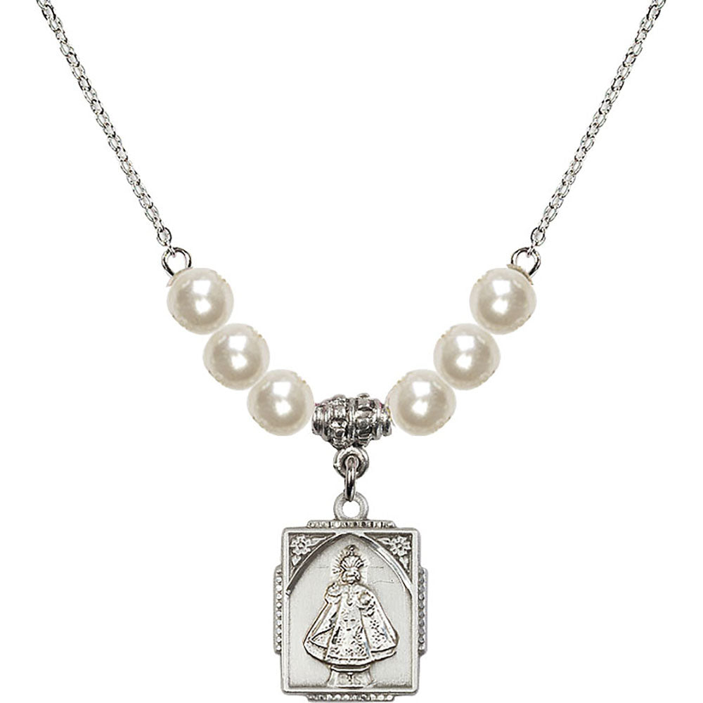 Sterling Silver Infant of Prague Birthstone Necklace with Faux-Pearl Beads - 0804