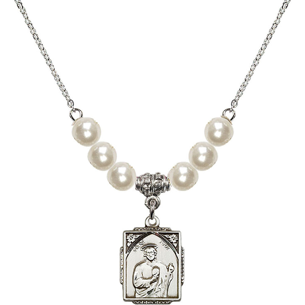Sterling Silver Saint Jude Birthstone Necklace with Faux-Pearl Beads - 0804