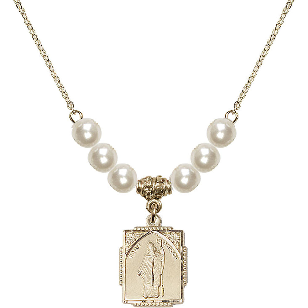 14kt Gold Filled Saint Patrick Birthstone Necklace with Faux-Pearl Beads - 0804