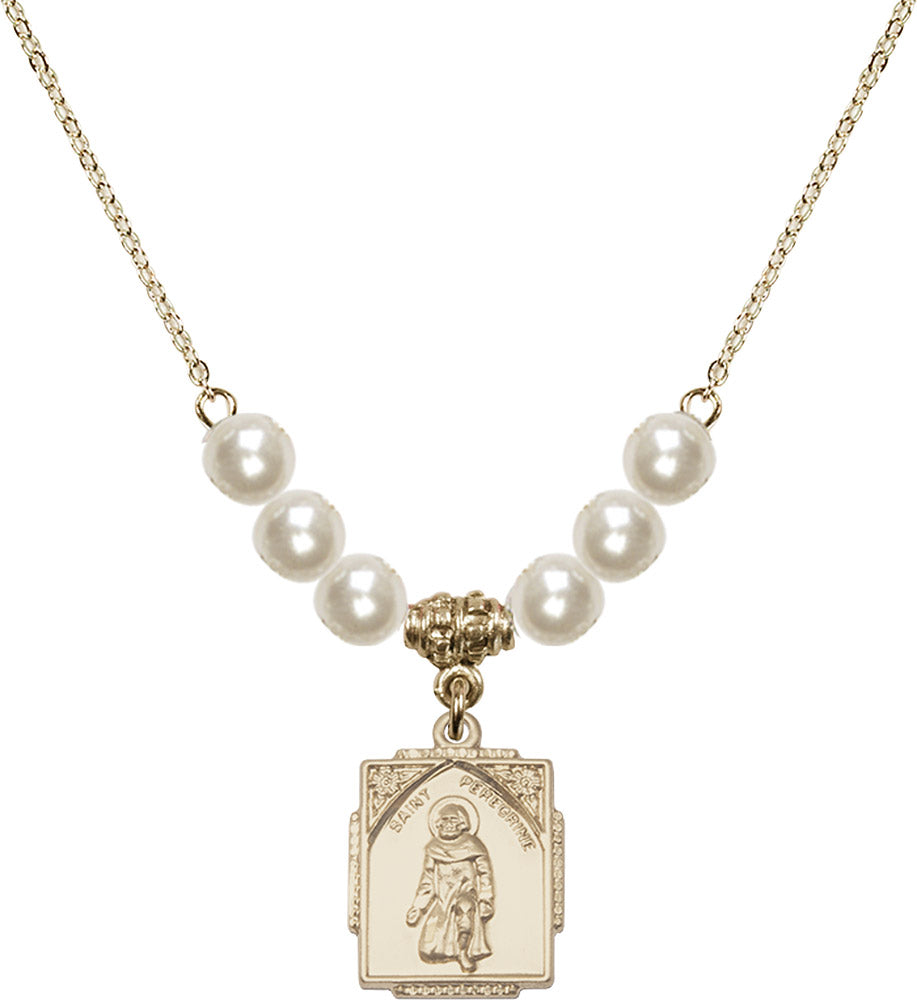 14kt Gold Filled Saint Peregrine Birthstone Necklace with Faux-Pearl Beads - 0804