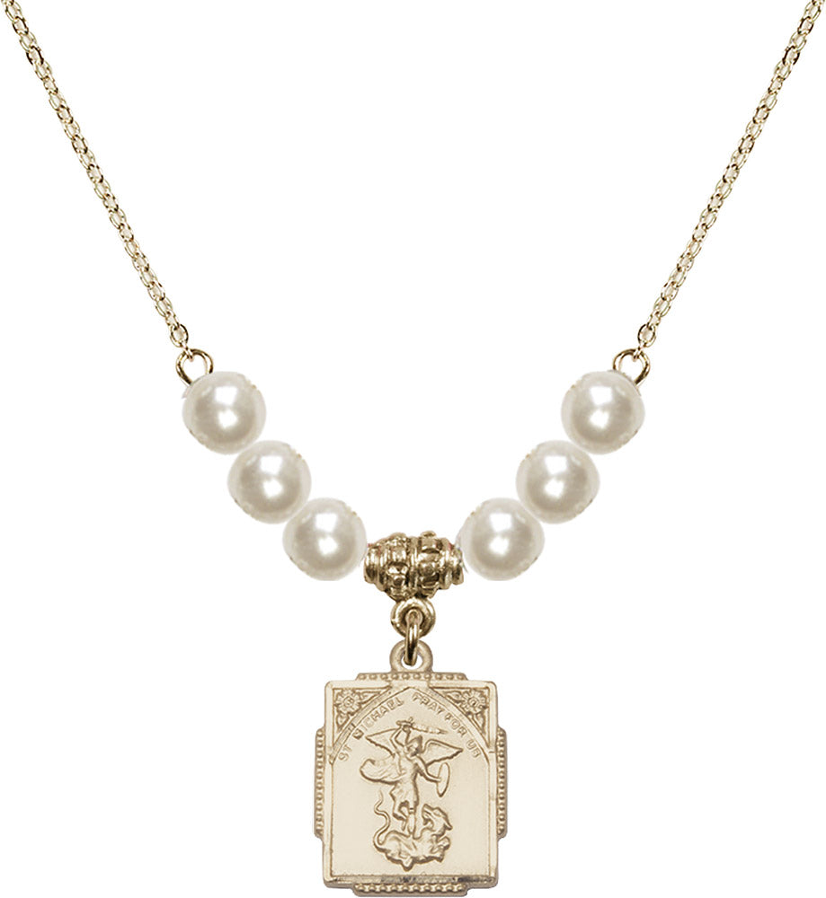 14kt Gold Filled Saint Michael the Archangel Birthstone Necklace with Faux-Pearl Beads - 0804