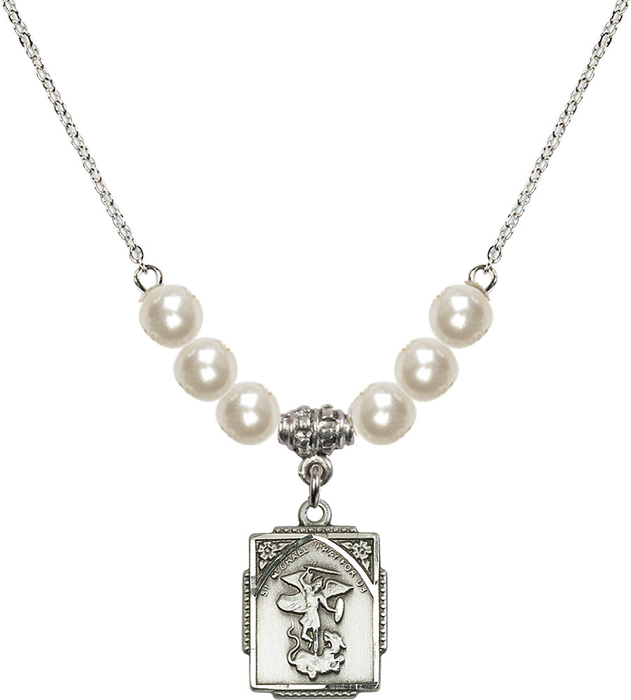 Sterling Silver Saint Michael the Archangel Birthstone Necklace with Faux-Pearl Beads - 0804