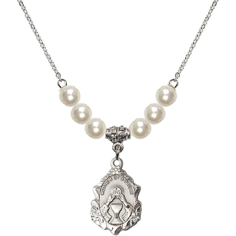 Sterling Silver Mother of a Priest Birthstone Necklace with Faux-Pearl Beads - 0811
