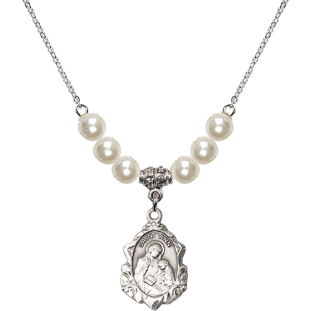 Sterling Silver Saint Ann Birthstone Necklace with Faux-Pearl Beads - 0822