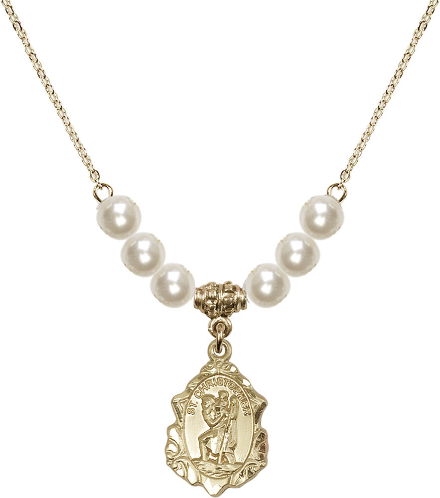 14kt Gold Filled Saint Christopher Birthstone Necklace with Faux-Pearl Beads - 0822